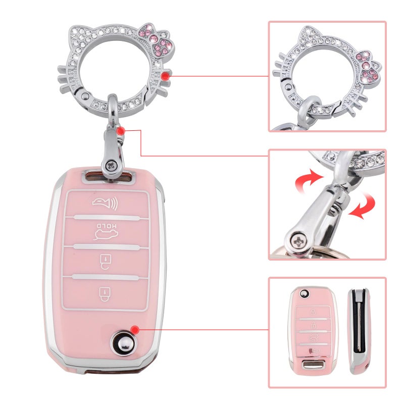 Pangpai Pink Key Fob Cover for Kia, Soft TPU Key Case Protection with Bling Keychain Fit for Kia Sedona Rio Optima Soul Sportage Sorento Carens Flip Key - Image 4